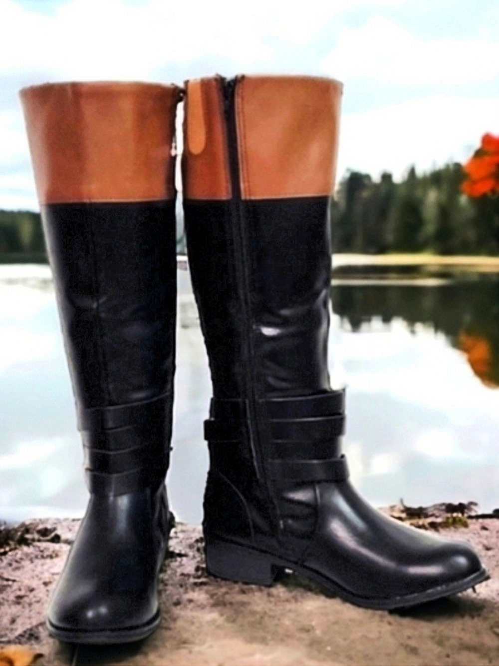 St. John's Bay Black and Tan Two-Tone Tall Knee-high Boots Size 8
